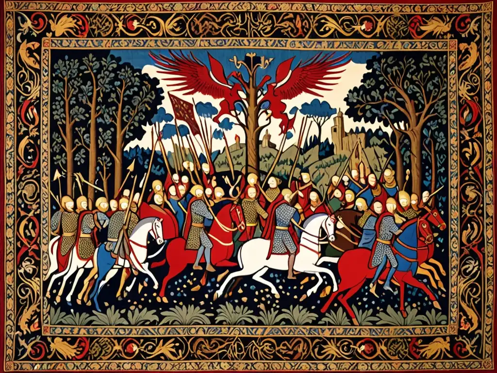 Detalle de tapices europeos antiguos con raíces mitológicas Game of Thrones: batallas épicas, colores vibrantes y patrones intrincados