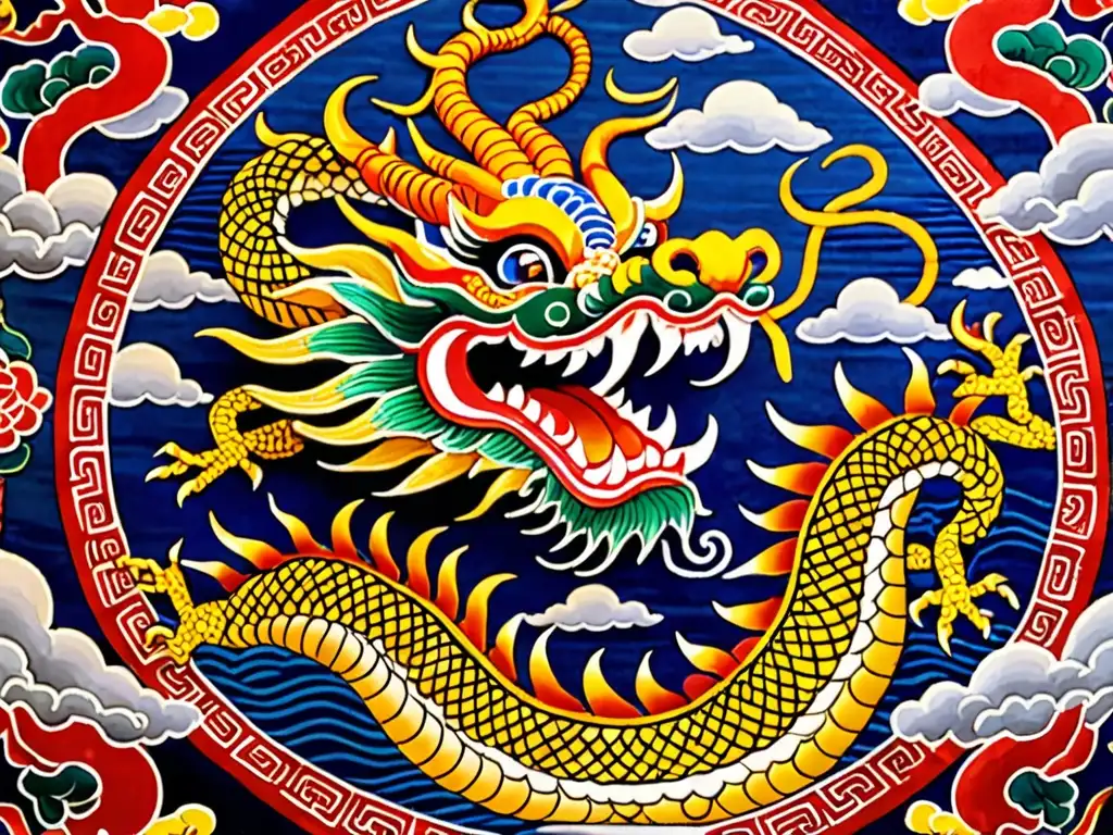 Detalle de tapiz chino de la Perla del Dragón rodeada por un dragón, símbolos auspiciosos y colores vibrantes, reflejando su simbolismo y leyendas