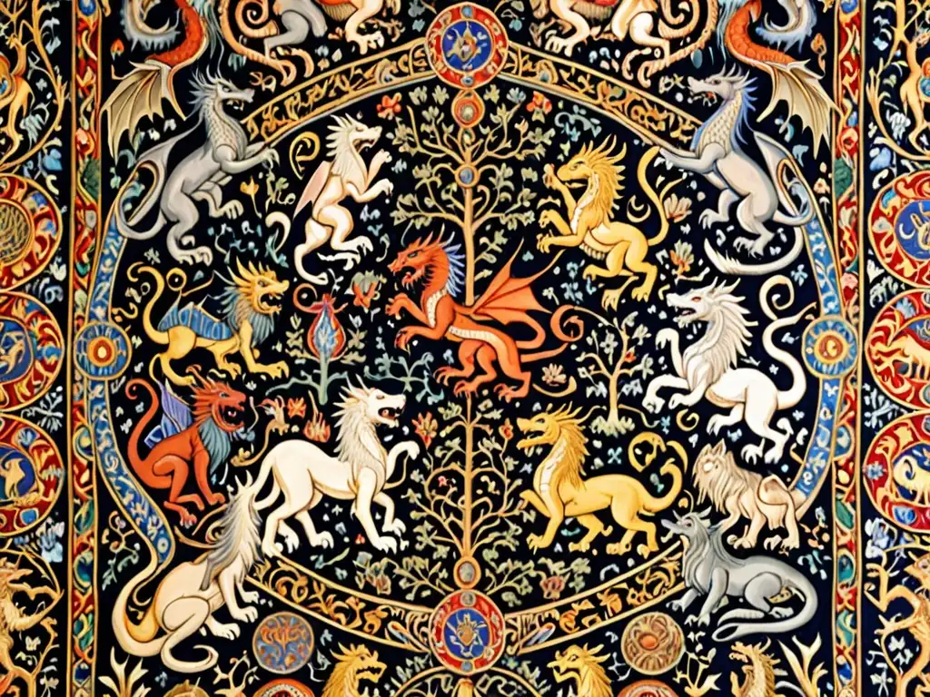 Detalle ultradetallado de tapiz medieval con criaturas míticas y dioses, como dragones y lobos, tejiendo raíces mitológicas Game of Thrones