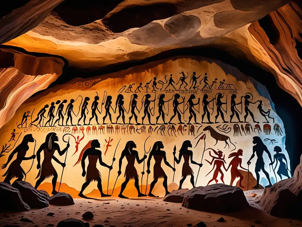 Detalle vibrante de pintura rupestre con arquetipos junguianos, en mística cueva iluminada tenue