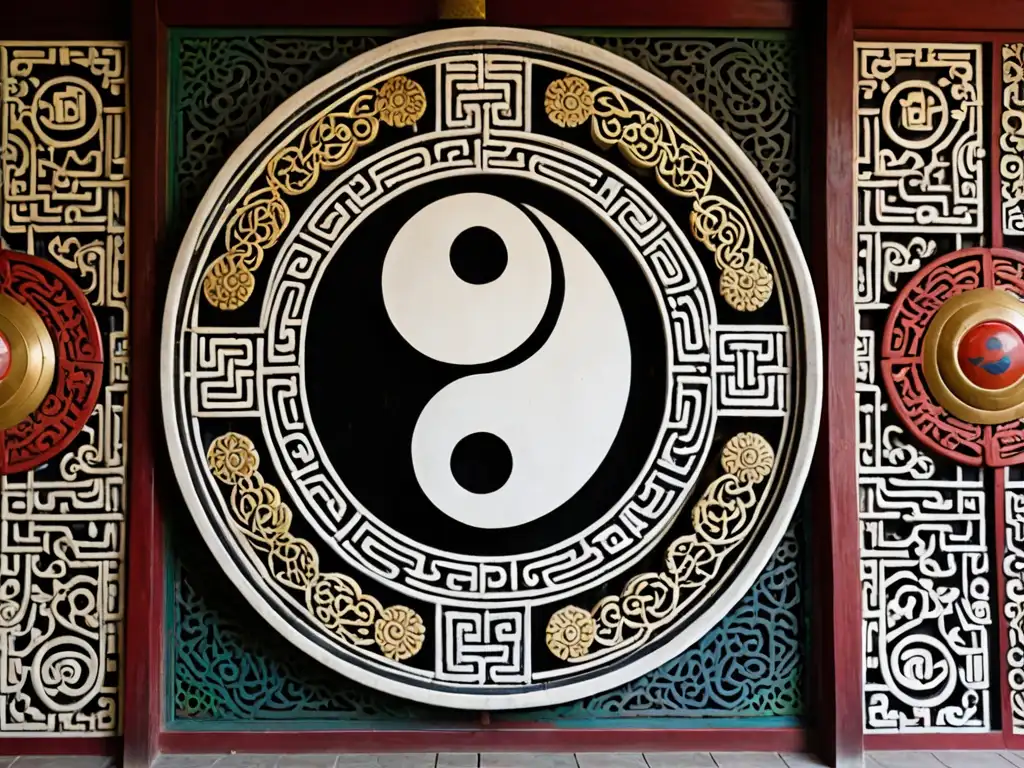 Detalle vibrante del símbolo yinyang en un templo asiático, rodeado de ornamentos y luz natural, evocando la exploración de la dualidad en mitos