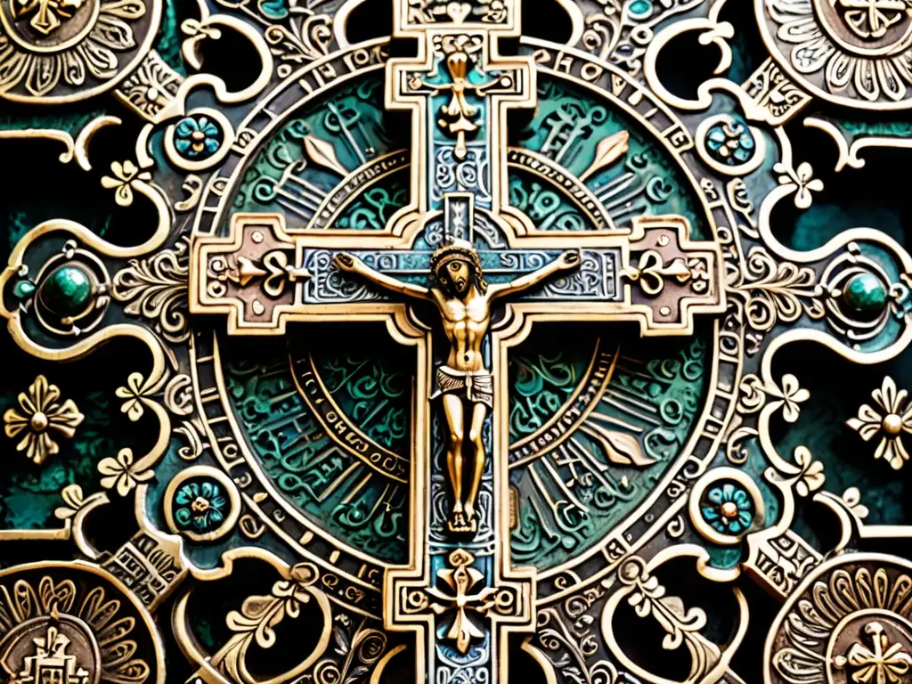 Detalles intrincados de la Cruz de Caravaca, evocando su significado y origen histórico