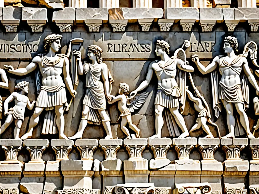 Ruinas antiguas: mitología y ley en piedra Detalles de ruinas antiguas griegas y romanas, con inscripciones mitológicas y legales