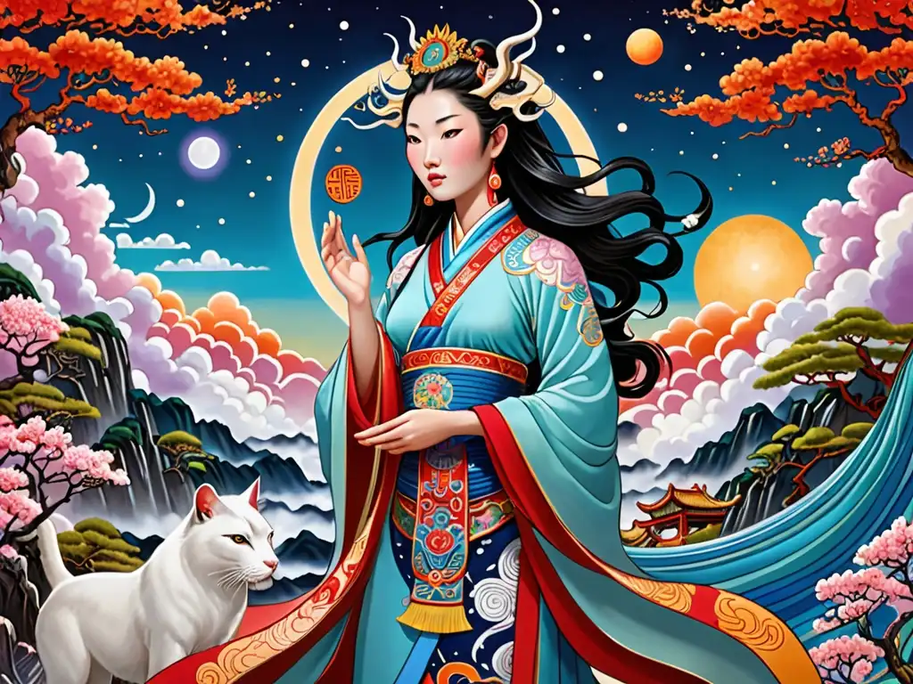 Nüwa, diosa del mito chino, en paisaje celestial, sosteniendo tapiz colorido, evocando cataclismo y renacimiento místico