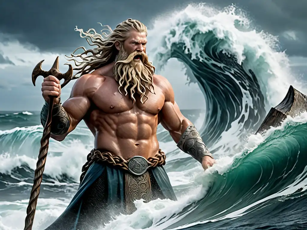 Dioses del mar de la mitología nórdica, Aegir y Ran, dominando las turbulentas olas con su poderío ancestral