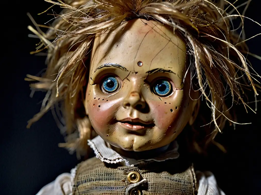 Una fotografía documental en alta resolución de Robert the Doll, mostrando sus detalles inquietantes y desgastados