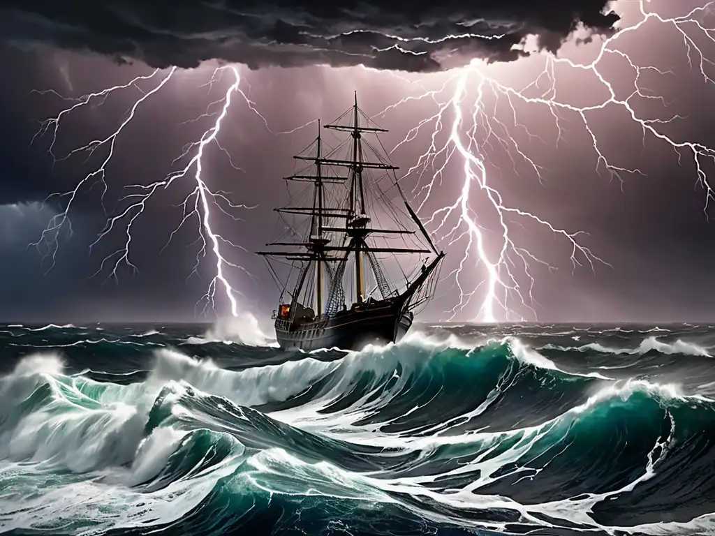 Dramático paisaje marino con barco en tormenta y relámpagos