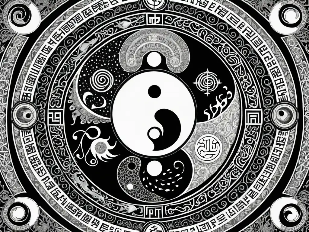 Dualidad y equilibrio en el yin yang, rodeado de mitos de creación zoroástricos y taoístas en un diseño detallado