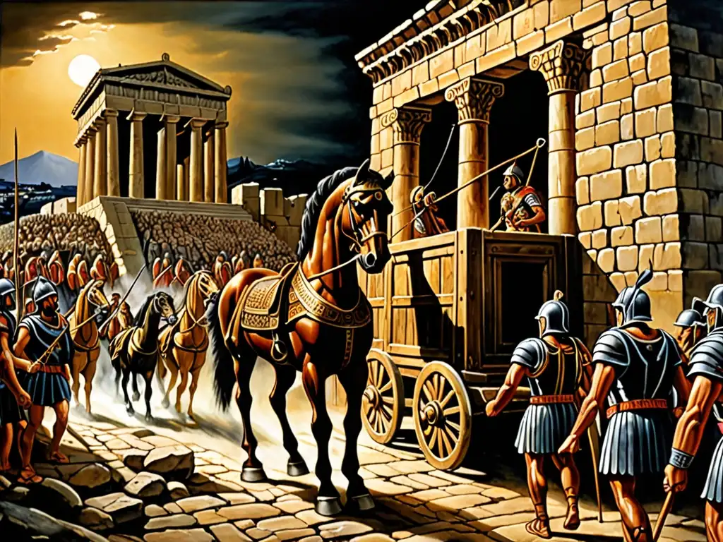 Emocionante pintura al óleo del famoso Caballo de Troya, escena de estrategia engañosa en la guerra mitológica, con tensión y anticipación capturadas en detalle