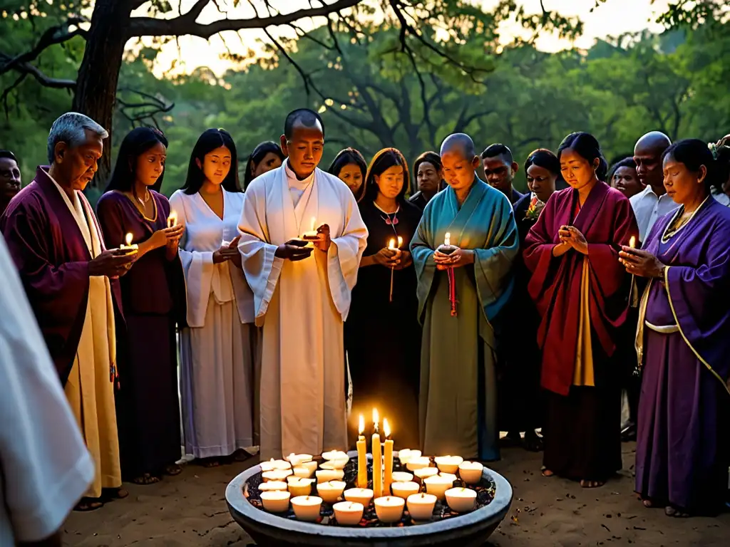 Emotiva ceremonia de homenaje a los difuntos Una emotiva ceremonia al aire libre con una diversa grupo de personas honrando el alma de los difuntos con flores, velas e incienso