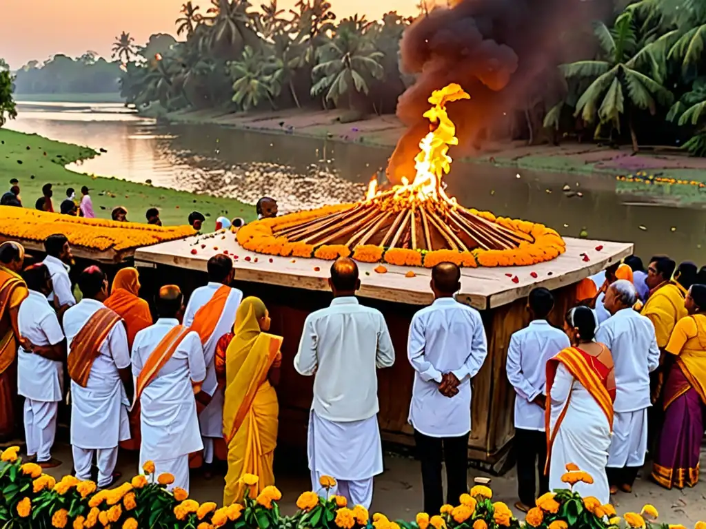 Una emotiva ceremonia funeraria hindú a orillas del río, con familiares y dolientes vestidos de blanco, rodeando la pira adornada con flores