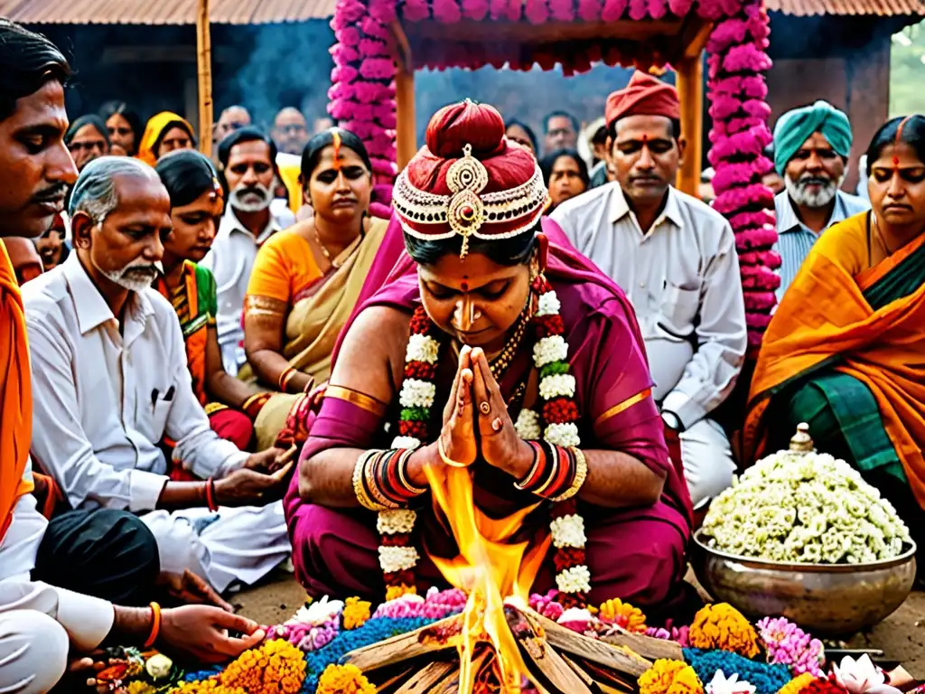 Una emotiva escena de un tradicional funeral hindú, con familiares realizando rituales y oraciones