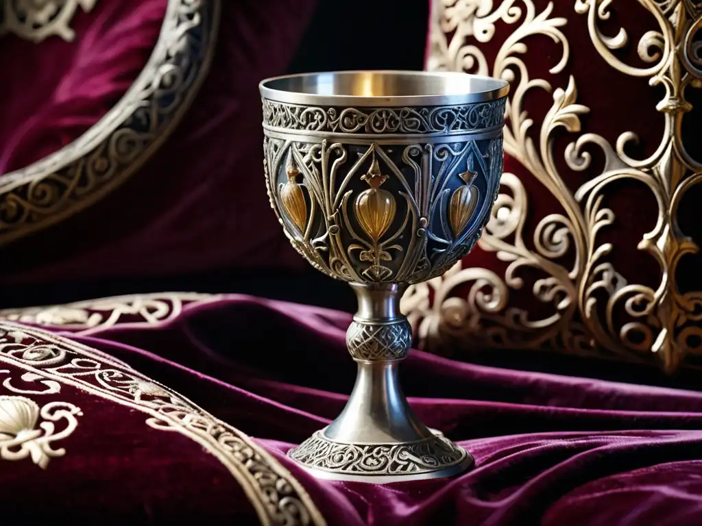 El enigma del Santo Grial: Detalle de un cáliz medieval adornado, iluminado por luz suave en terciopelo