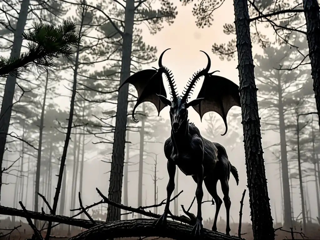 En los enigmáticos Pinares de Nueva Jersey, se distingue la silueta del Jersey Devil entre la niebla, evocando su leyenda