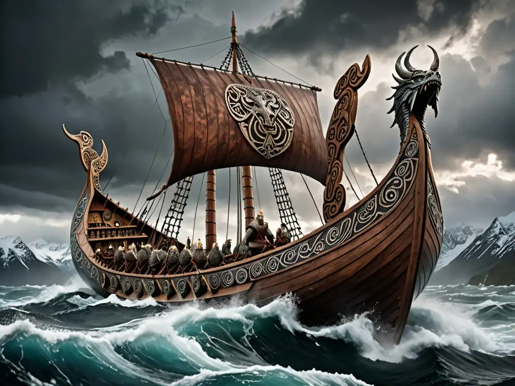 Un épico barco vikingo con intrincadas tallas y símbolos, tripulado por guerreros ferozmente adornados, navegando en mares tormentosos