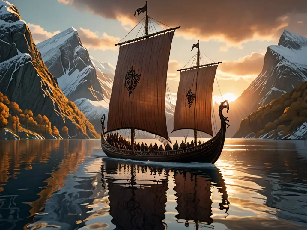 Un épico paisaje con un barco vikingo surcando un fiordo al atardecer, evocando la mitología nórdica en Assassin's Creed Valhalla