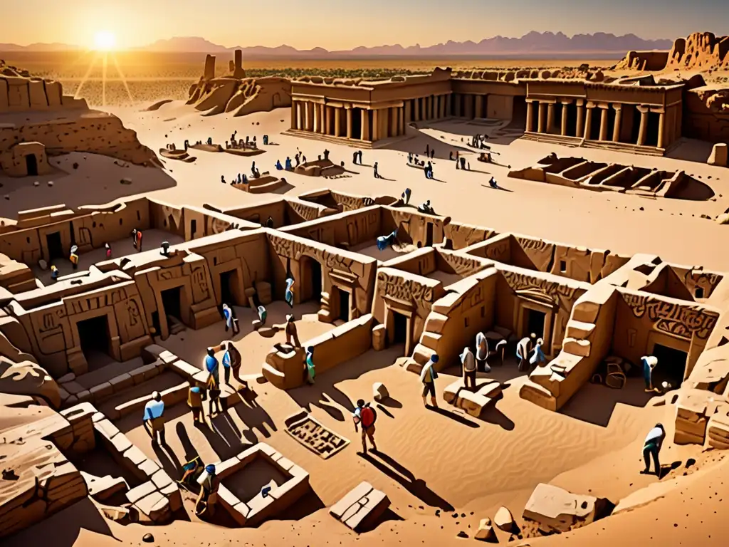 Equipo de arqueólogos excavando tesoros en el desierto al atardecer, revelando la rica historia del lugar llena de mitos y leyendas