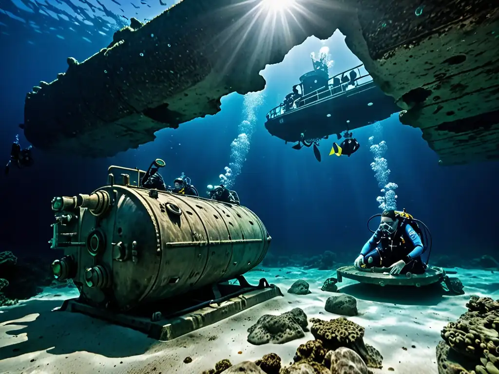 Equipo de exploradores submarinos examinando ruinas antiguas en el misterioso destino de la Atlántida del Báltico, rodeados por aguas azules