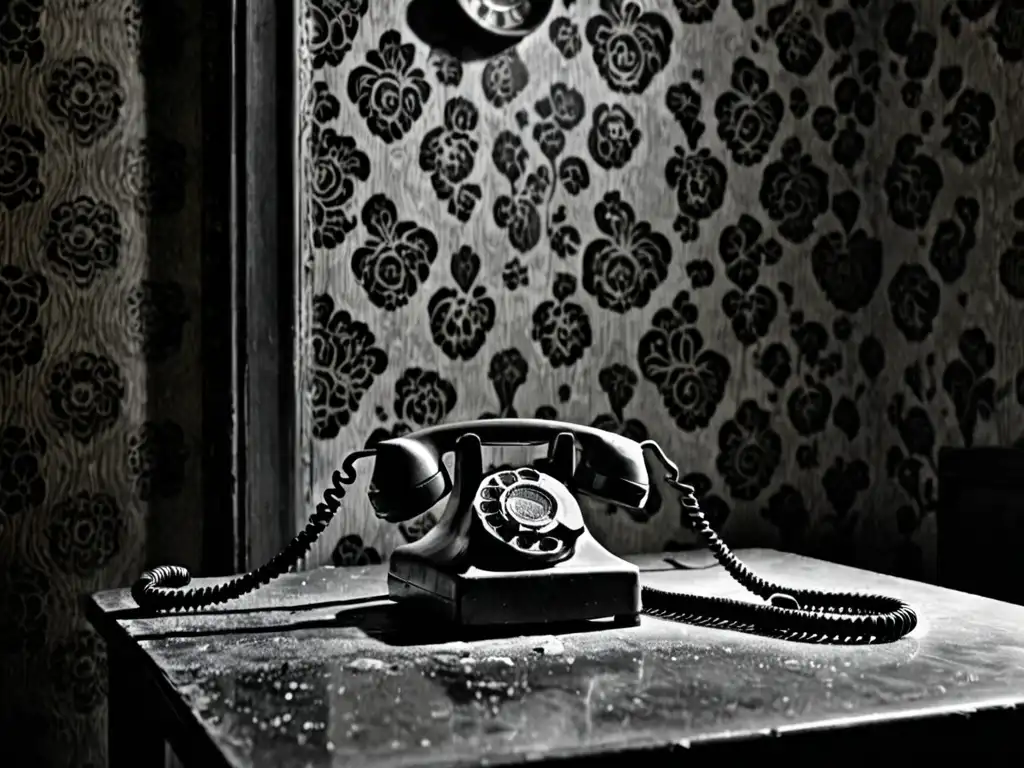 Una escalofriante fotografía en blanco y negro de un viejo teléfono rotativo en una mesa polvorienta y llena de telarañas en una habitación tenue