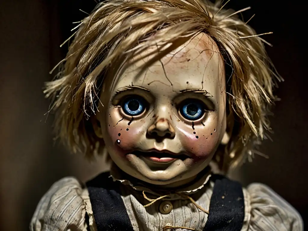 Un escalofriante retrato de la infame Maldición de Robert the Doll, con su mirada penetrante y expresión desgastada en una habitación sombría