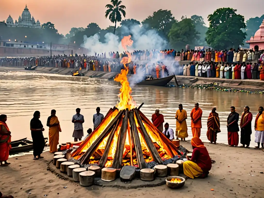 Una escena conmovedora de costumbres funerarias en el hinduismo en una pira funeraria junto al Ganges, con rituales y vestimenta vibrante