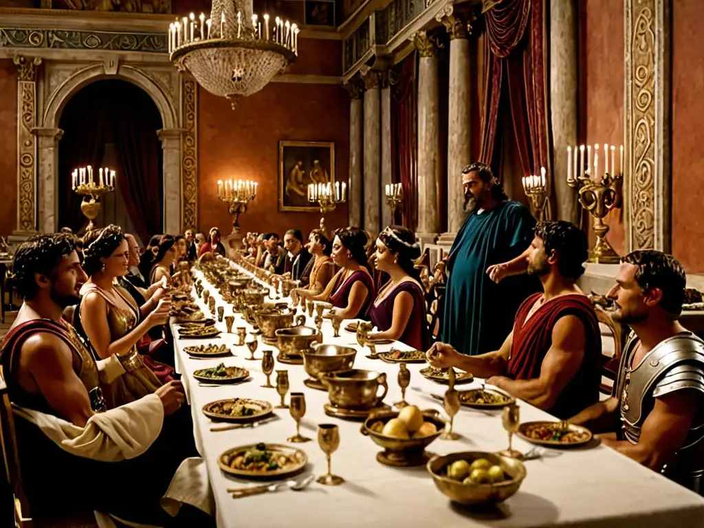 Escena detallada de un banquete romano en la serie Roma, evocando la mitología romana en una lujosa villa