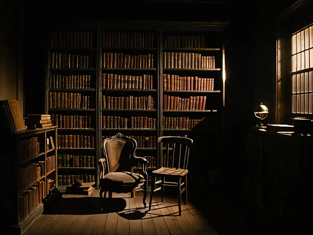 Escena de una habitación tenue con una silla en el centro, rodeada de estantes llenos de libros antiguos y artefactos inquietantes