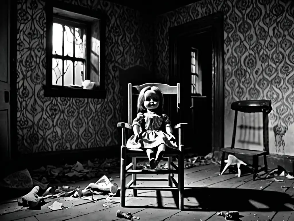Una escena inquietante en blanco y negro muestra una habitación sombría con papel tapiz descascarado y una ventana rota cubierta de telarañas