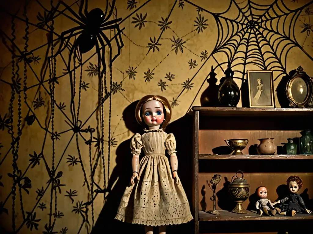 Escena inquietante en habitación lúgubre con muñeca vintage y sombras ominosas