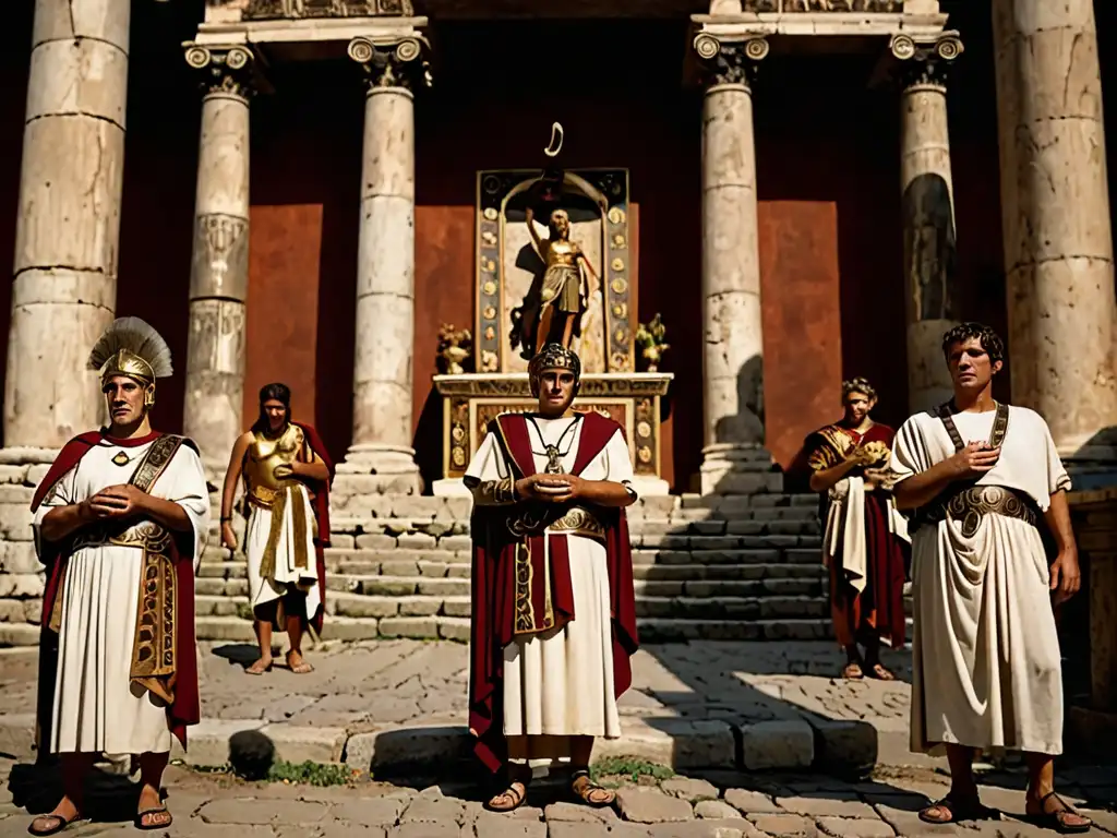 Escena de mitología romana en la serie Roma: reenactment de ceremonia religiosa romana con altares, actores y ambiente atmosférico