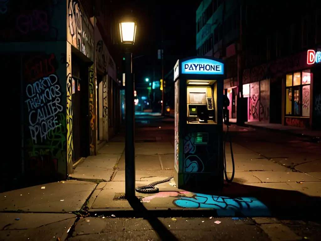 Escena nocturna en la calle con una cabina telefónica cubierta de graffiti, creando una atmósfera misteriosa