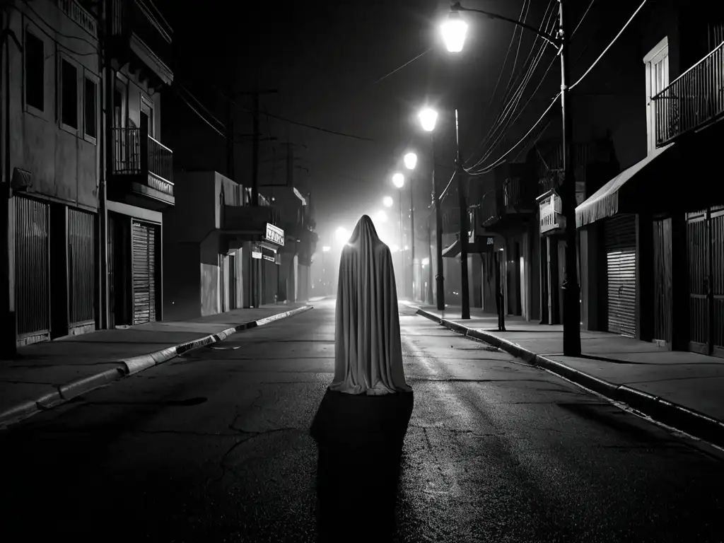 Escena nocturna en calle desierta, figura misteriosa bajo farola, evocando la leyenda urbana de La Dama de Blanco mitos y leyendas