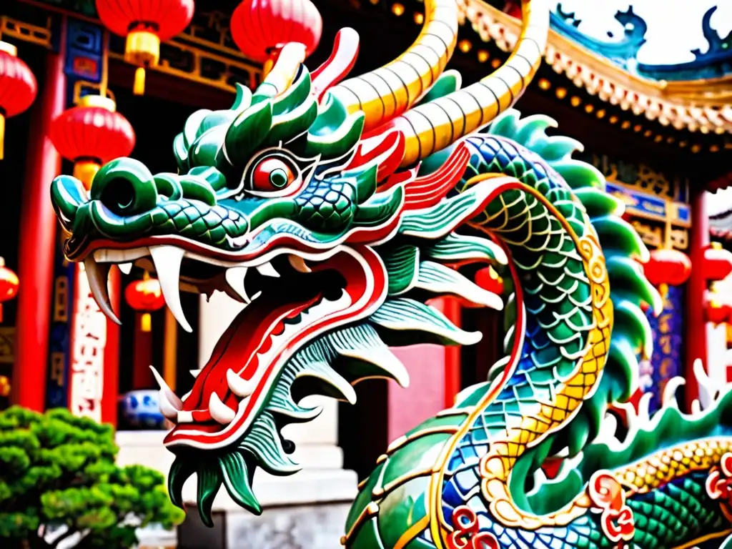 Escultura de dragón chino en jade, detallada y colorida, en un templo lleno de misticismo y cultura