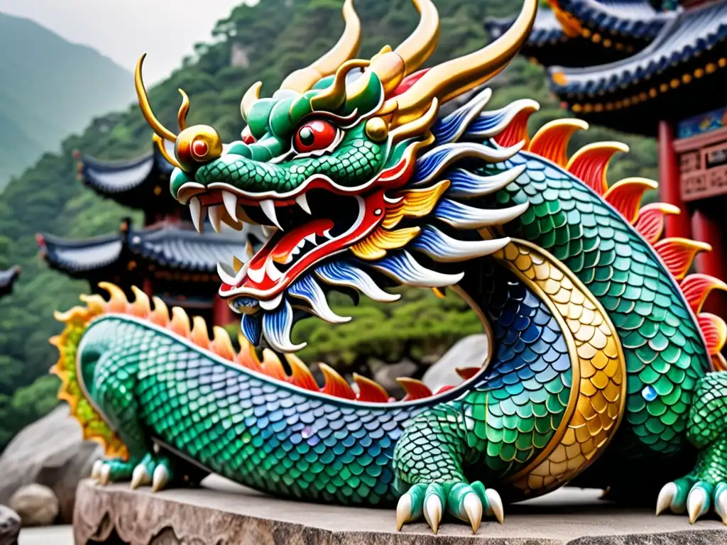 Escultura de dragón chino de jade, con gemas y paisaje místico