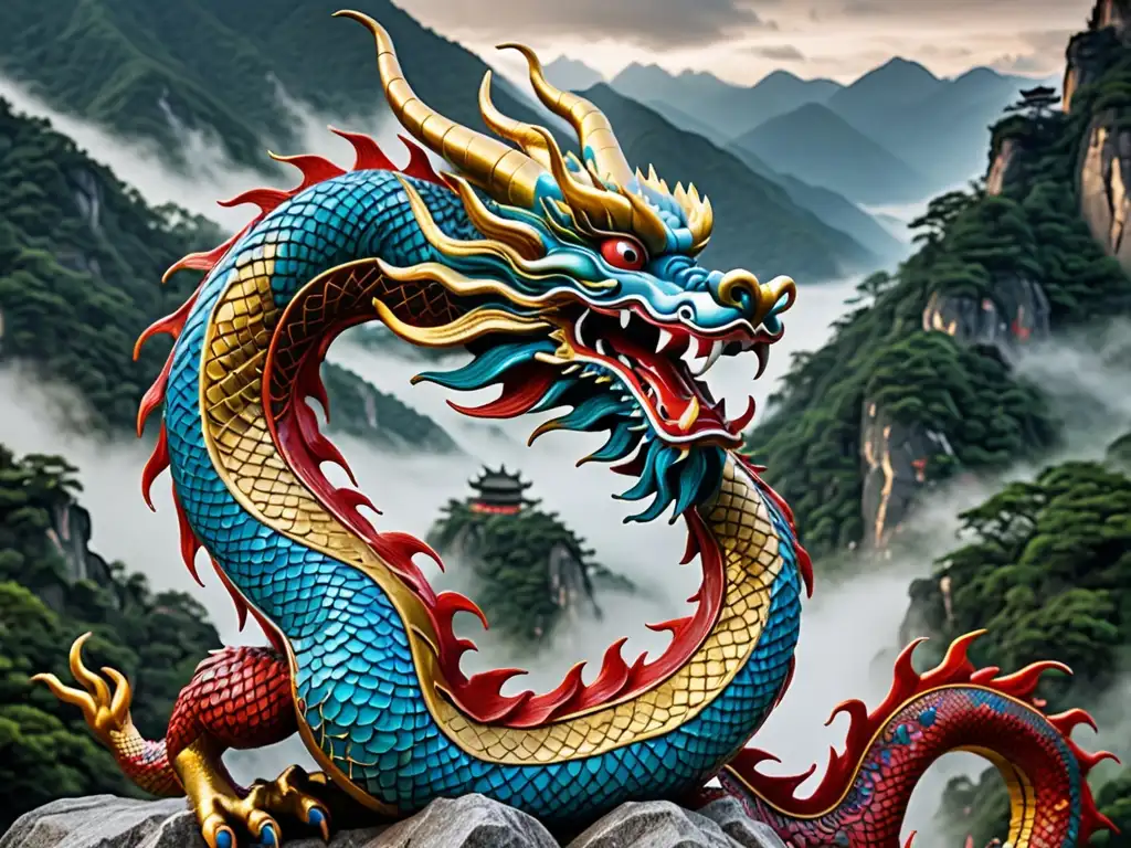 Escultura de dragón chino con paisaje montañoso brumoso, evocando la mitología de dragones en Asia