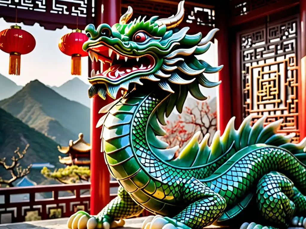 Escultura de dragón chino tallada en jade, bañada por luz dorada