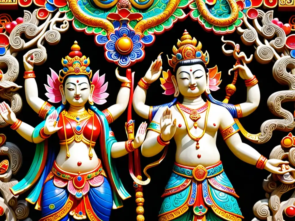 Escultura detallada de deidad hindú y figura mitológica china juntas, mostrando vínculos mitológicos entre hindúes y chinos