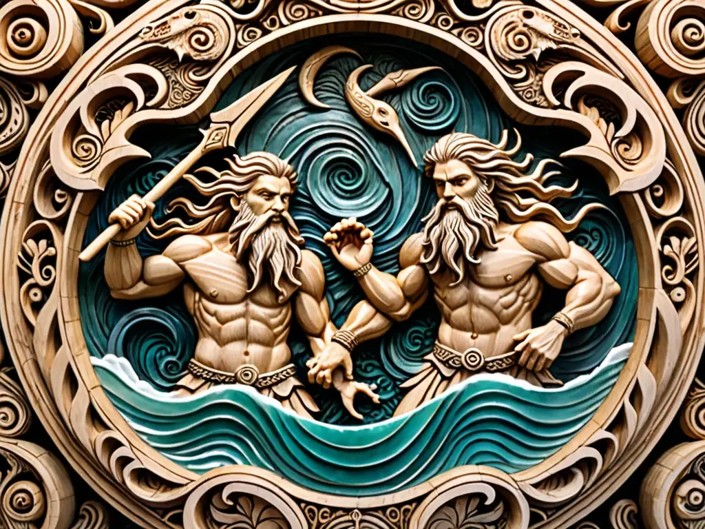 Escultura detallada de Aegir y Ran, dioses del mar en la mitología nórdica, con tridentes y cabello que fluye como algas, rodeados de olas y criaturas marinas