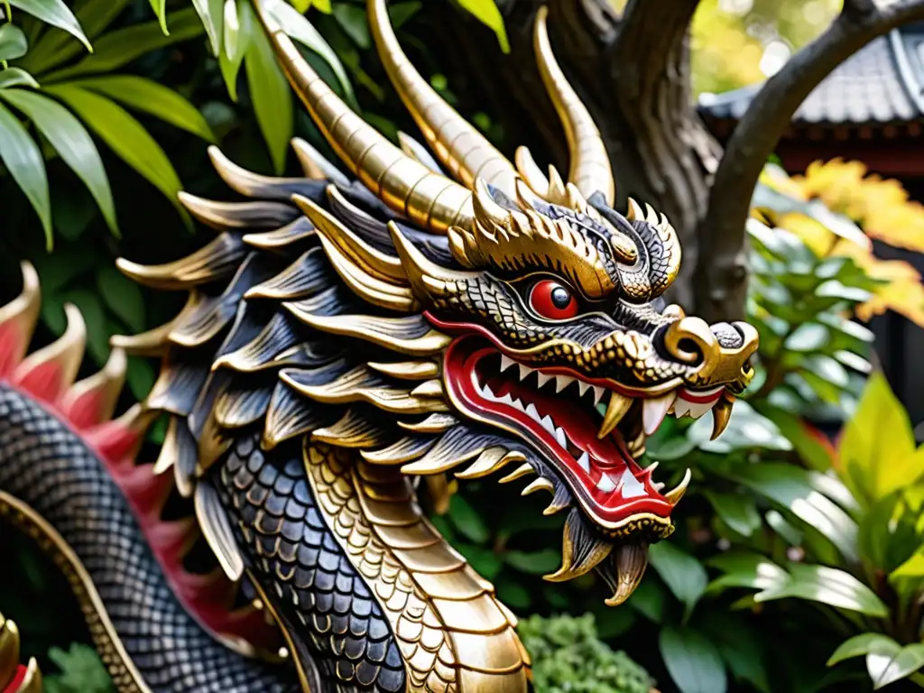 Una escultura detallada de un dragón japonés en madera oscura, decorada con oro y rojo