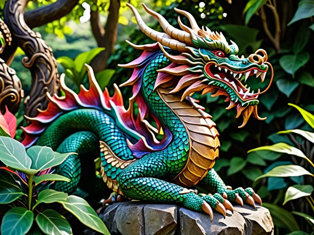 Una escultura detallada de un dragón de madera destaca entre exuberante vegetación, con sus escamas y garras pintadas en tonos vibrantes