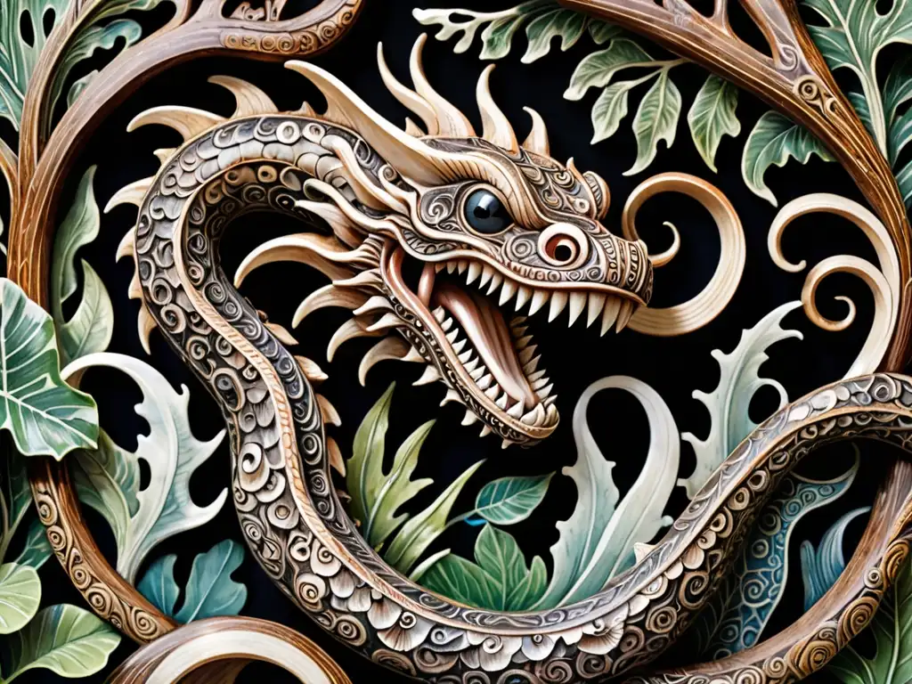 Escultura detallada de un monstruo marino en madera oscura con incrustaciones de nácar, rodeada de exuberante vegetación