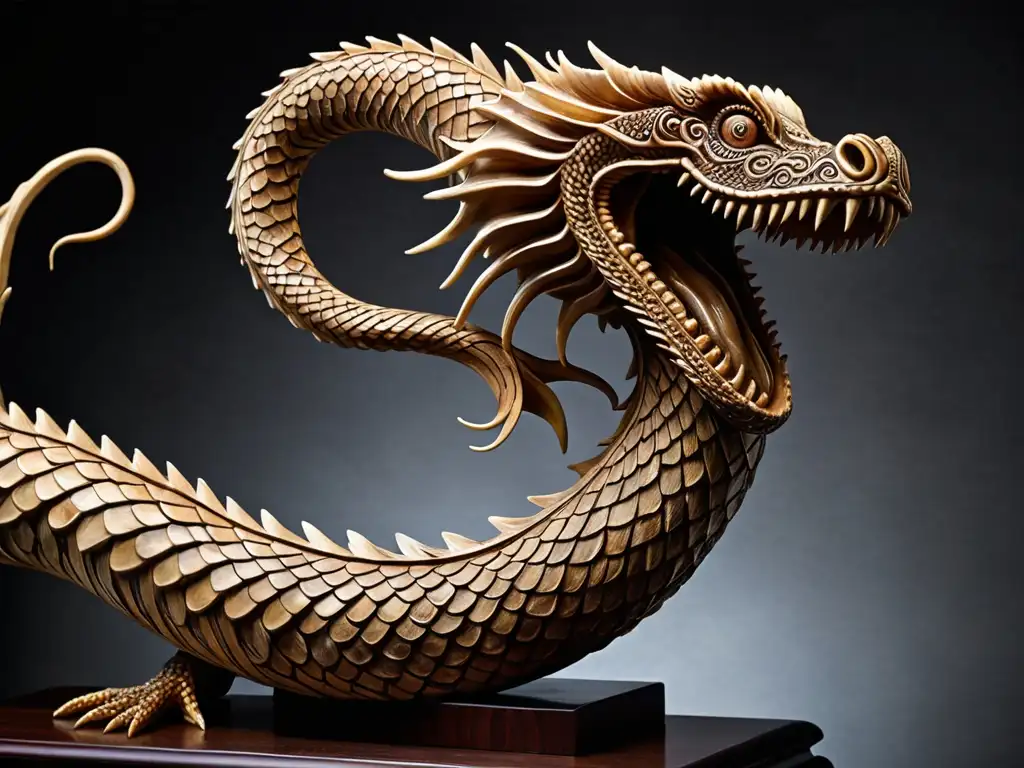 Escultura detallada de un monstruo marino legendario con escamas brillantes y ojos misteriosos