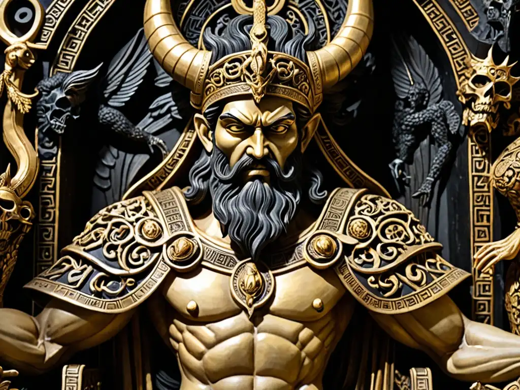 Escultura detallada y rica en oro y negro de Hades, Señor del Inframundo, rodeado de sombras y criaturas míticas