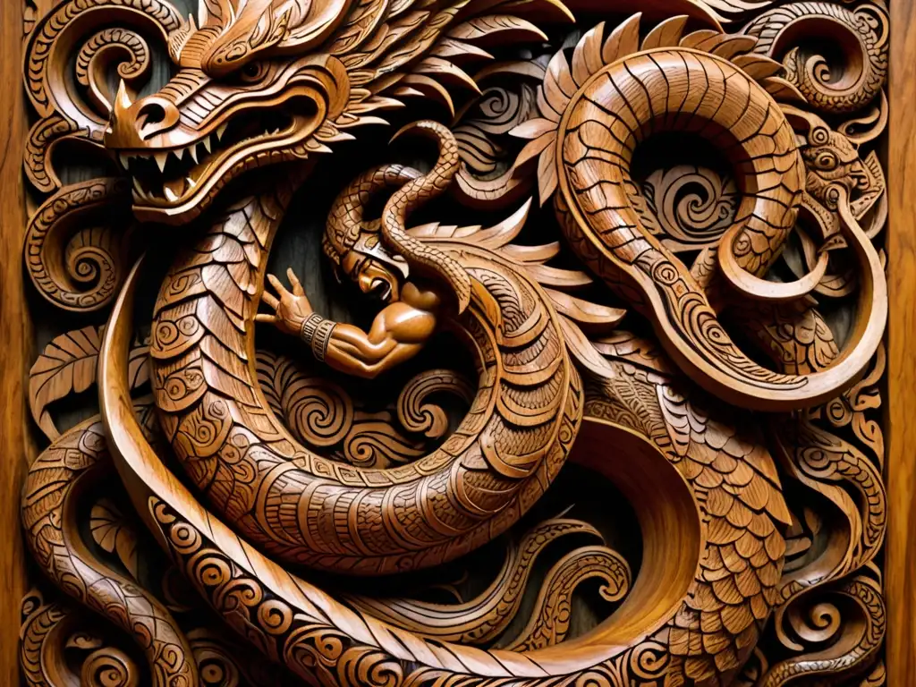 Escultura en madera de un guerrero samoano luchando con una serpiente marina, evocando la leyenda y la fuerza de Samoa