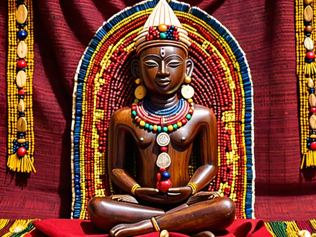 Escultura de madera de Ifá, adornada con símbolos y cuentas, sobre tela roja y oro