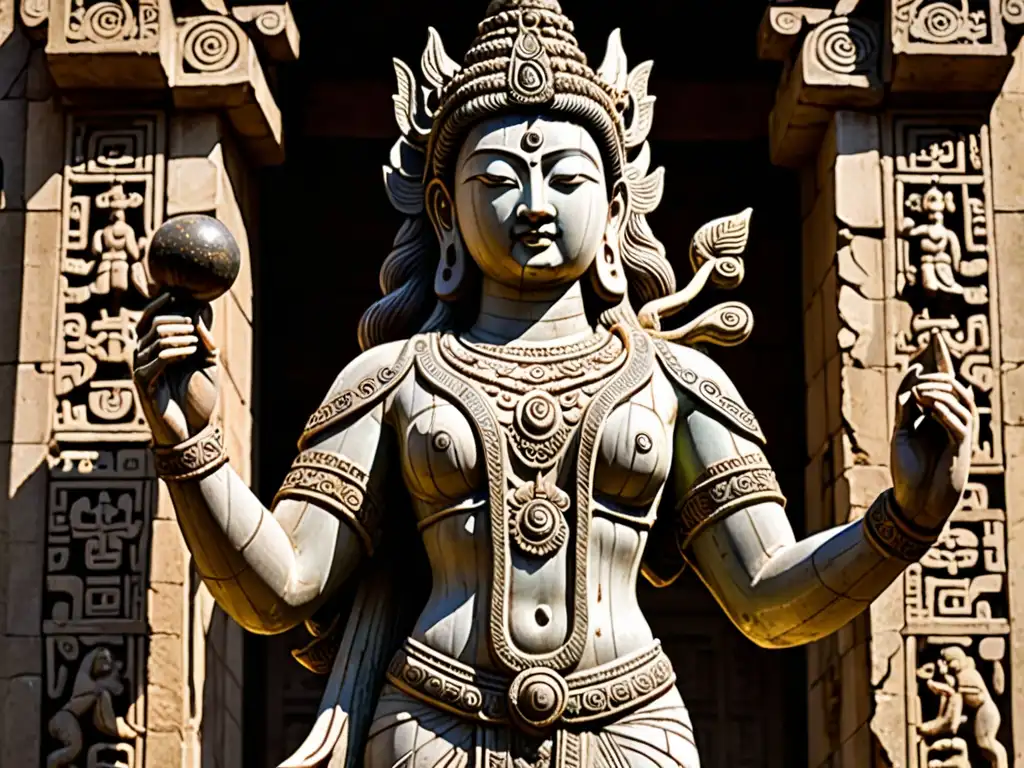 Escultura majestuosa de una deidad femenina, irradiando empoderamiento y fuerza