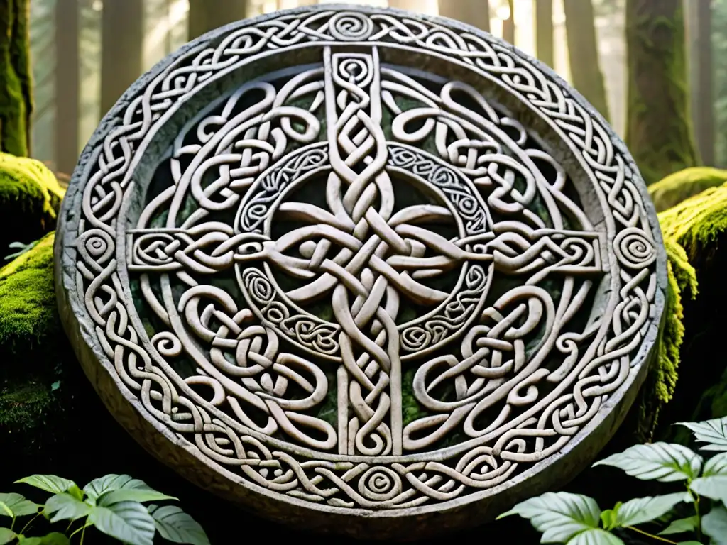Escultura de piedra celta con símbolos del sol y nudos, en un bosque místico
