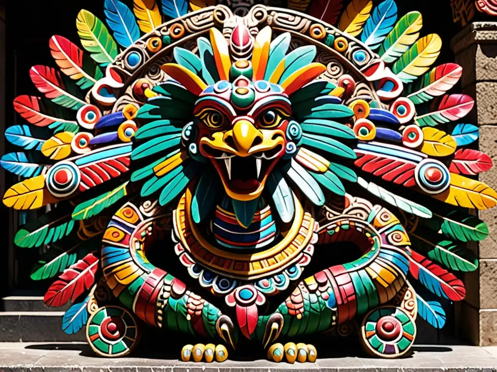 Escultura de Quetzalcoatl con plumas vibrantes en un mercado de Ciudad de México