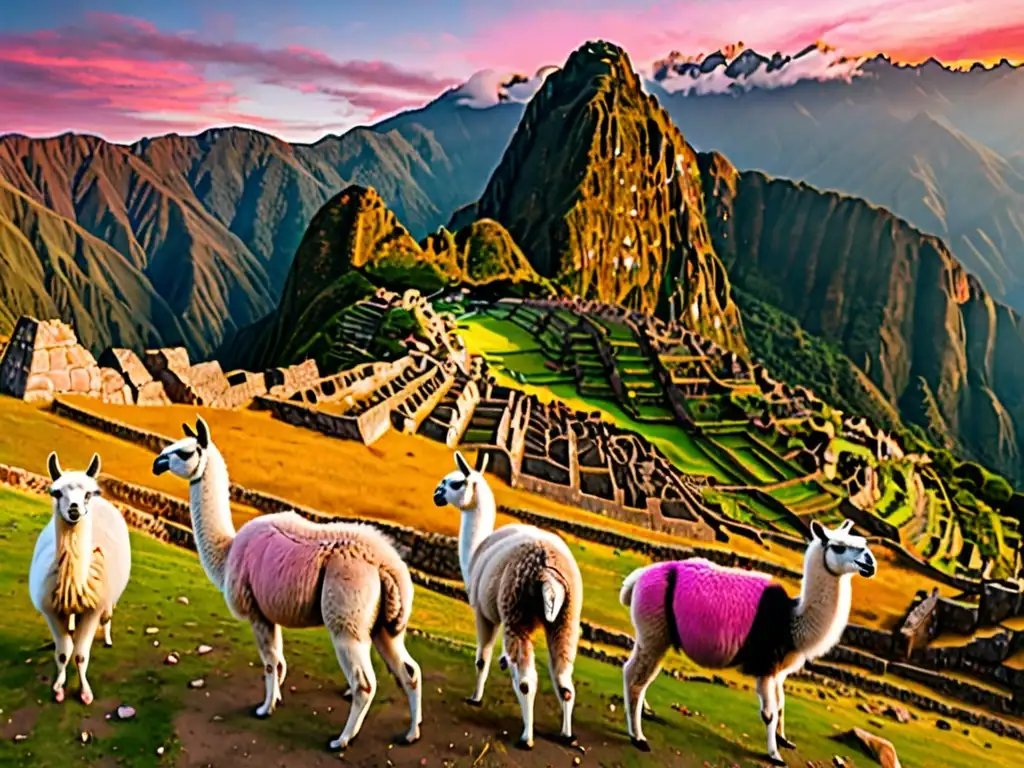 Espectacular amanecer en los Andes con ruinas incas y llamas