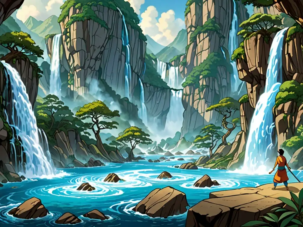 Un espectacular arte muestra a un habilidoso maestro controlando los elementos en un paisaje sereno